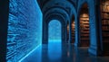 Illustration futuristic library, combining elements of classic architecture with digital tech. Neon light, binary code on wall, Royalty Free Stock Photo