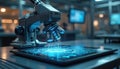 Illustration of a futuristic microscope with a holographic interface in a lab. Advanced tech medical equipment on a tablet. Royalty Free Stock Photo