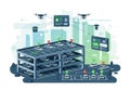 Illustration of a futuristic multi-level parking structure with various autonomous vehicles. Drones Royalty Free Stock Photo