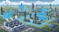 Illustration of a futuristic smart power grid system. Features multiple transformers, Royalty Free Stock Photo