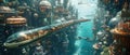An illustration of a futuristic underwater city with glass domes and a train passing through it