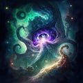 Illustration of galaxy and space with monsters for HP Lovecraft nightmare. Horror in space. Generative AI