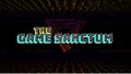 Illustration of the game sanctum text with grid abstract patterns on black background