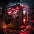 an illustration gaming pc with red lights and golden bullet casings in the bottom of the pc case,