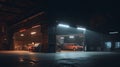 illustration, garage with neon lighting, generative ai