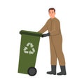 Illustration of a garbage collector carrying garbage waste rubbish bin looking to the side