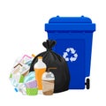 Garbage waste and bag plastic and blue recycle bin isolated on white, pile of plastic garbage waste many, plastic