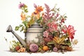 Illustration with garden watering can, flowers, plants in vibrant colors Royalty Free Stock Photo