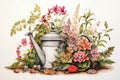 Illustration with garden watering can, flowers, plants in vibrant colors Royalty Free Stock Photo