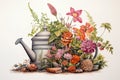 Illustration with garden watering can, flowers, plants in vibrant colors Royalty Free Stock Photo