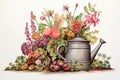 Illustration with garden watering can, flowers, plants in vibrant colors Royalty Free Stock Photo