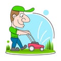 Illustration Of A Gardener Wearing Hat And Overalls With Lawnmower Mowing Lawn Viewed From Front Set On Isolated Royalty Free Stock Photo