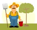 Illustration, gardening, funny full mustachioed farmer with a bucket and pitchfork on the background of nature.