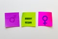 Illustration of gender pay gap, yellow and pink stickers with male and female signs. White background