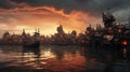 Misty Steampunk Village Sunset Royalty Free Stock Photo