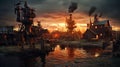 Misty Steampunk Village Sunset Royalty Free Stock Photo