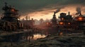 Misty Steampunk Village Sunset Royalty Free Stock Photo