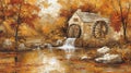 Autumn Watermill Painting