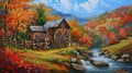 Autumn Watermill Painting