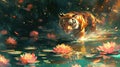 Tiger and Water Lilies Royalty Free Stock Photo