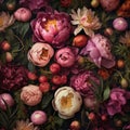 Illustration, Generative AI, abstract peonies of different varieties, beautiful floral background, top view. natural backdrop