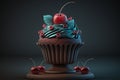 chocolate cupcake cake with cream and cherry..in dark background illustration Generative AI Royalty Free Stock Photo