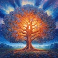 Illustration, Generative AI, The original Tree of Life, A majestic tree standing alone in the center of a vibrant landscape, its