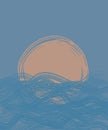 illustration. gentle sunset or dawn at sea. beautiful seascape in minimalist style. abstract orange sun and blue sea on blue sky Royalty Free Stock Photo