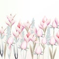 Illustration with gentle vector pink crocus flowers, spring style