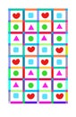 illustration of geometric shapes in bright squares with hearts in bright colors