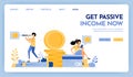 Illustration of get passive income. People earn passive income working from home. 3d pile of shining money and plastic credit