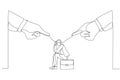 Illustration of giant boss hands pointing and blaming at depressed businessman employee. Metaphor for toxic work, abuse or