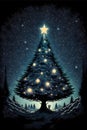Illustration of a giant Christmas tree with a star on the top at night. The Christmas star as a symbol of the birth of the savior