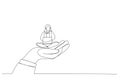 Illustration of giant hand holding a businesswoman who works on laptop, metaphor for employee care, corporate support. Single line