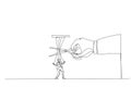 Illustration of giant hand with scissors cutting the strings attached to businessman. Metaphor for freedom, independent,