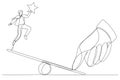 Illustration of giant thumb helping businessman to jump on seesaw. One line art style Royalty Free Stock Photo