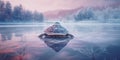 A turtle in a freezing cold lake