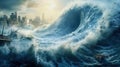 illustration of a giant tsunami wave rolling over a metropolis Royalty Free Stock Photo