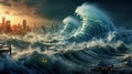 illustration of a giant tsunami wave rolling over a metropolis Royalty Free Stock Photo