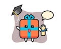 Illustration of gift box cartoon throwing the hat at graduation