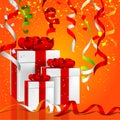 illustration of gift boxes with colorful hanging party steamer