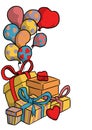 An illustration of gift packages, balloons and hearts