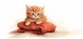 Illustration with a ginger kitten lying on a stack of pillows