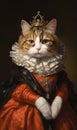 Illustration of a ginger tabby cat wearing a red dress in medieval fantasy style Royalty Free Stock Photo