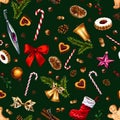 Festive seamless pattern with winter holiday attributes on dark green background.