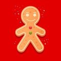 Illustration of a gingerbread man in white glaze on a red background.