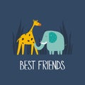 Colorful background with happy giraffe, elephant and english text. Best friends. Decorative cute backdrop
