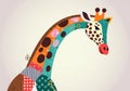 Illustration of a giraffe with a patchwork design. Its neck and head Royalty Free Stock Photo