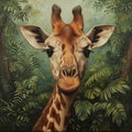 Illustration giraffe portrait in green jungle. Poster of giraffe.