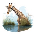 An illustration of a giraffe walking on a water pond